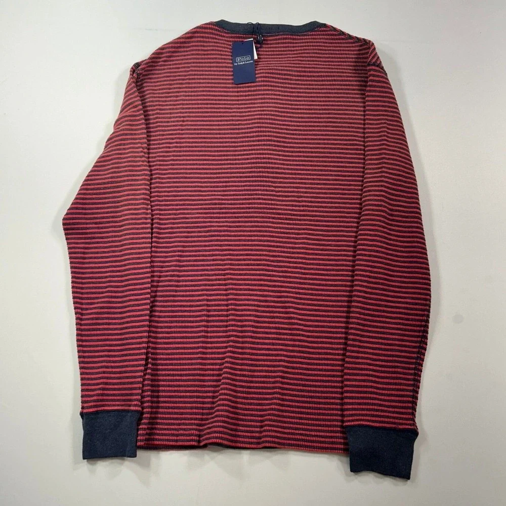 Polo Ralph Lauren Waffle Knit‎ Shirt Men Medium Red Striped Crewneck Thermal NEW